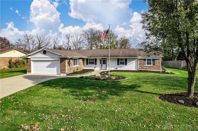 1824 Scotch Pine Dr, Beavercreek, OH 45432 - ranch-style home featuring an attached garage, fence, concrete driveway, a front lawn, and brick siding