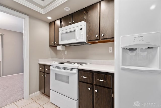 1824 Scotch Pine Dr, Beavercreek, OH 45432 - kitchen featuring dark brown cabinetry, light countertops, ornamental molding, and white appliances