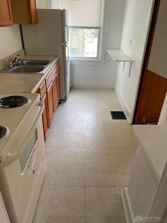 1234 Kumler Ave Unit 1234, Dayton, OH 45402 - kitchen with a sink, light flooring, brown cabinetry, white range with electric cooktop, and light countertops