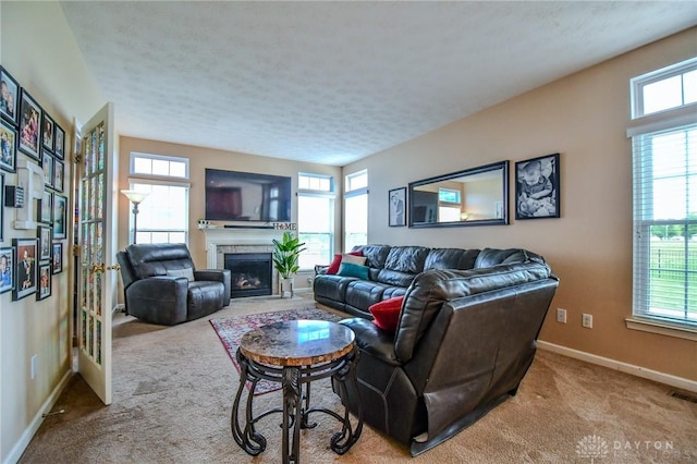 living area with carpet flooring, healthy amount of natural light, and baseboards