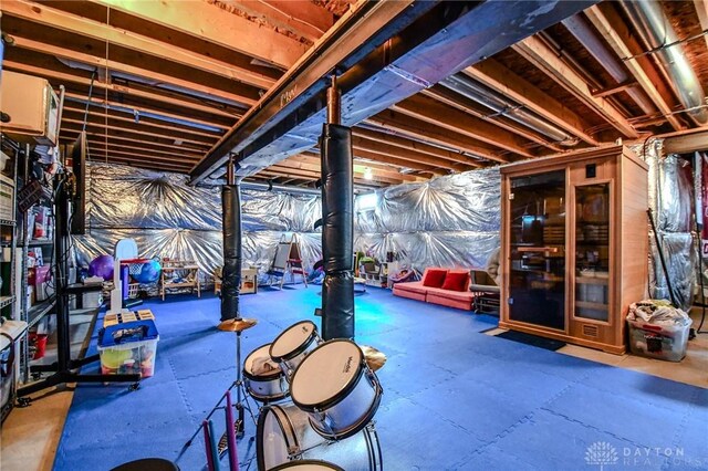 unfinished basement with rubber floors
