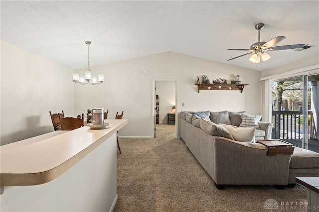 108 Mallard Glen Dr Unit 7, Dayton, OH 45458 - living room with light carpet, lofted ceiling, a chandelier, a ceiling fan, and baseboards
