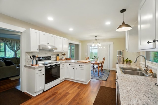 2023 W State Route 63, Lebanon, OH 45036 - kitchen with electric stove, a sink, light wood finished floors, under cabinet range hood, and white cabinets