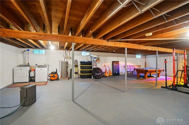 2023 W State Route 63, Lebanon, OH 45036 - below grade area featuring washing machine and clothes dryer, pool table, and gas water heater