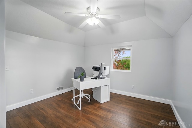 6859 US Highway 62 NE, Washington Court Hous, OH 43160 - office area featuring vaulted ceiling, ceiling fan, dark wood-type flooring, and baseboards