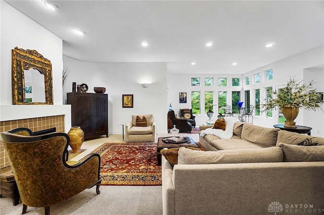 1900 Kresswood Cir, Kettering, OH 45429 - living area featuring light colored carpet, recessed lighting, and a fireplace