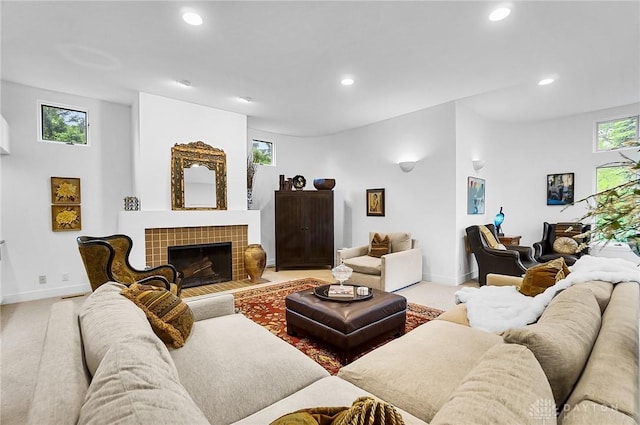 1900 Kresswood Cir, Kettering, OH 45429 - living room with recessed lighting, a fireplace, baseboards, and light carpet