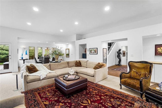 1900 Kresswood Cir, Kettering, OH 45429 - living room featuring recessed lighting, stairs, and carpet