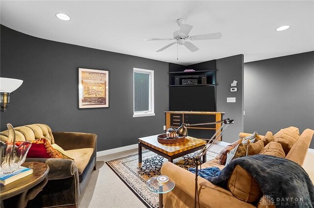 1900 Kresswood Cir, Kettering, OH 45429 - carpeted living area with baseboards, ceiling fan, and recessed lighting