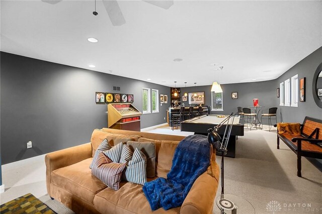 1900 Kresswood Cir, Kettering, OH 45429 - carpeted living area featuring recessed lighting and ceiling fan