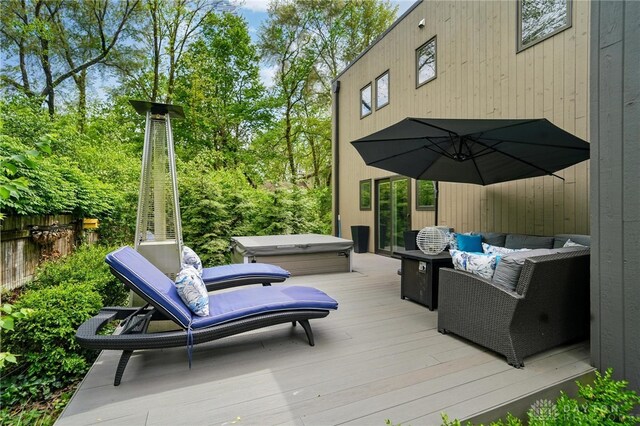 1900 Kresswood Cir, Kettering, OH 45429 - wooden deck featuring a hot tub, fence, and outdoor lounge area