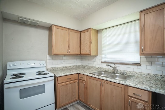 2525 Lakeview Ave, Dayton, OH 45417 - kitchen with white electric range oven, a sink, tasteful backsplash, and light wood-style flooring