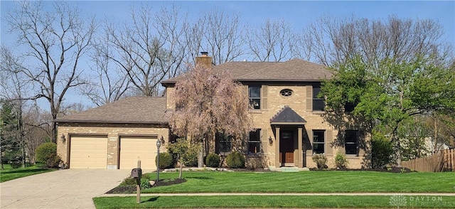 6765 Montpellier Blvd, Centerville, OH 45459 - colonial house featuring a chimney, driveway, an attached garage, and brick siding
