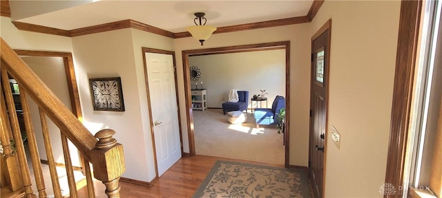 6765 Montpellier Blvd, Centerville, OH 45459 - doorway with crown molding, stairs, wood finished floors, and baseboards