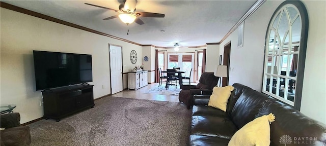 6765 Montpellier Blvd, Centerville, OH 45459 - living area with a ceiling fan, ornamental molding, baseboards, and carpet