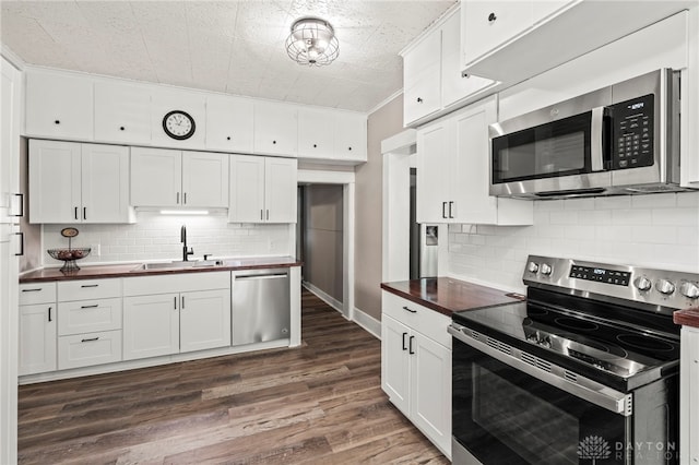 654 S Market St, Troy, OH 45373 - kitchen featuring appliances with stainless steel finishes, a sink, wood counters, and dark wood-style flooring