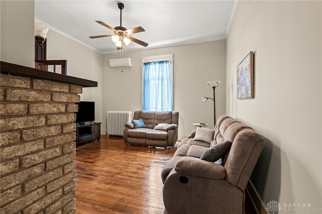 654 S Market St, Troy, OH 45373 - living area featuring radiator, wood finished floors, a wall mounted AC, ceiling fan, and crown molding