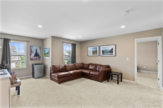 1591 Windham Ln, Beavercreek Township, OH 45385 - living area featuring light colored carpet, baseboards, and recessed lighting