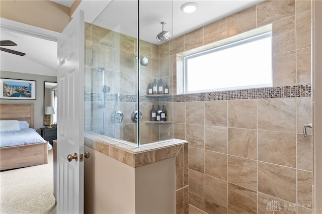 1591 Windham Ln, Beavercreek Township, OH 45385 - bathroom with a walk in shower, connected bathroom, ceiling fan, and lofted ceiling