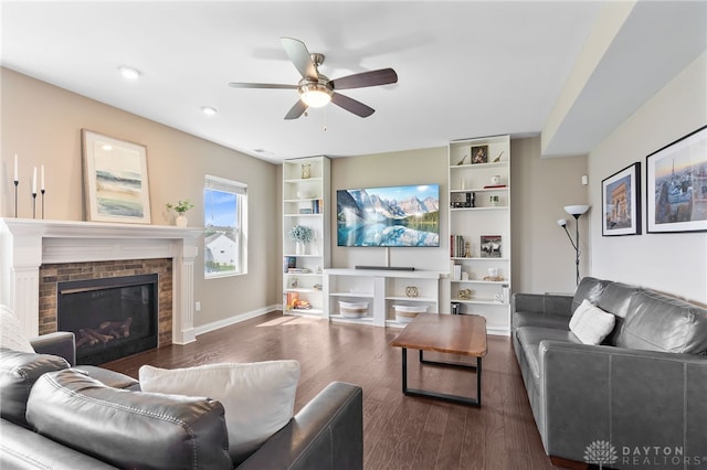 1591 Windham Ln, Beavercreek Township, OH 45385 - living room featuring ceiling fan, wood finished floors, a fireplace, baseboards, and recessed lighting