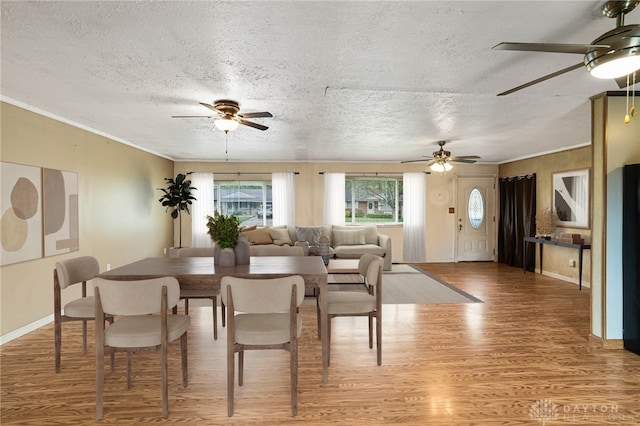 dining space featuring a ceiling fan, light wood-type flooring, a textured ceiling, baseboards, and ornamental molding