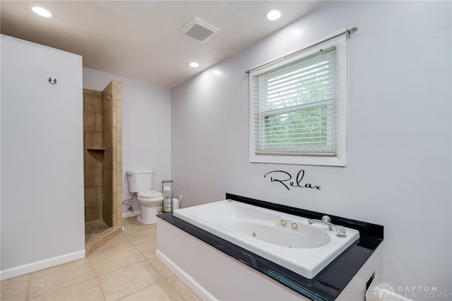 full bath with toilet, a tub with jets, recessed lighting, tile patterned floors, and a shower stall