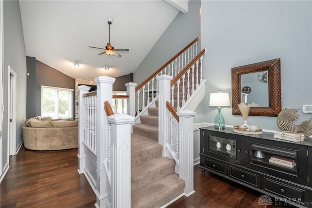 813 Timberlake Ct, Kettering, OH 45429 - stairway with lofted ceiling, wood finished floors, ceiling fan, and baseboards
