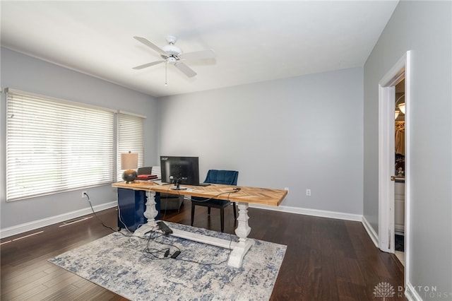 813 Timberlake Ct, Kettering, OH 45429 - office area featuring ceiling fan, baseboards, and wood finished floors