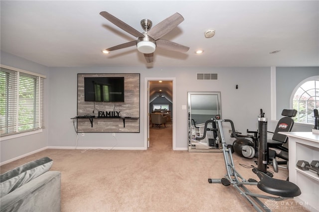 813 Timberlake Ct, Kettering, OH 45429 - exercise area with ceiling fan, carpet flooring, baseboards, and recessed lighting
