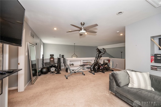 813 Timberlake Ct, Kettering, OH 45429 - exercise area featuring light carpet, a ceiling fan, and recessed lighting