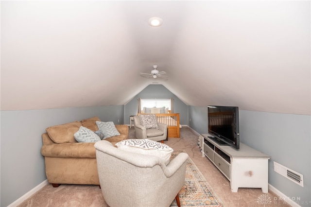 813 Timberlake Ct, Kettering, OH 45429 - sitting room featuring light carpet, lofted ceiling, baseboards, and ceiling fan