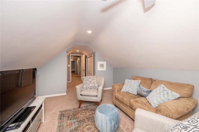 813 Timberlake Ct, Kettering, OH 45429 - living room featuring carpet flooring, baseboards, vaulted ceiling, and recessed lighting