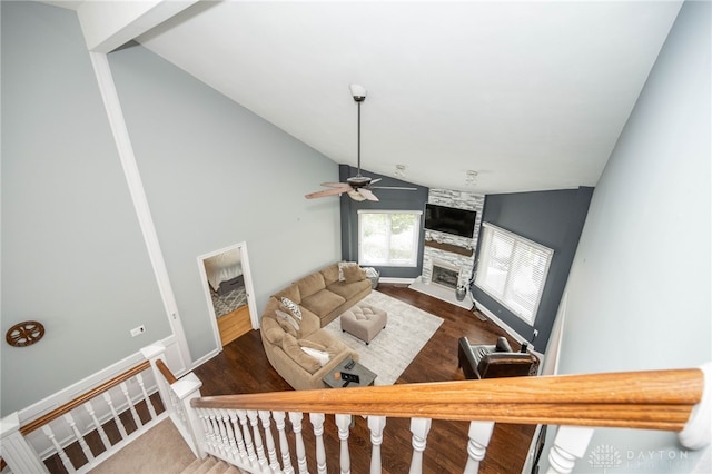 813 Timberlake Ct, Kettering, OH 45429 - living area with a stone fireplace, ceiling fan, wood finished floors, and high vaulted ceiling
