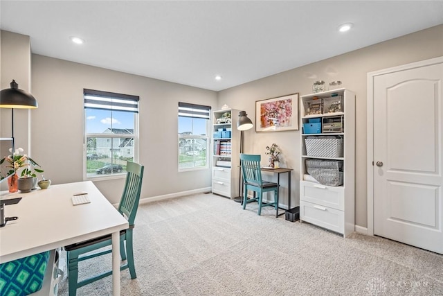 carpeted home office featuring baseboards and recessed lighting