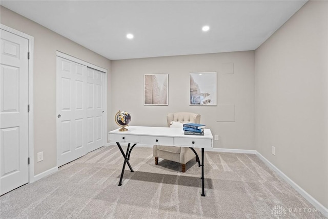 carpeted home office featuring baseboards and recessed lighting