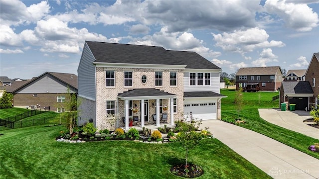 1239 Champion Way, Washington Twp, OH 45458 - view of front facade featuring an attached garage, concrete driveway, brick siding, a residential view, and roof with shingles