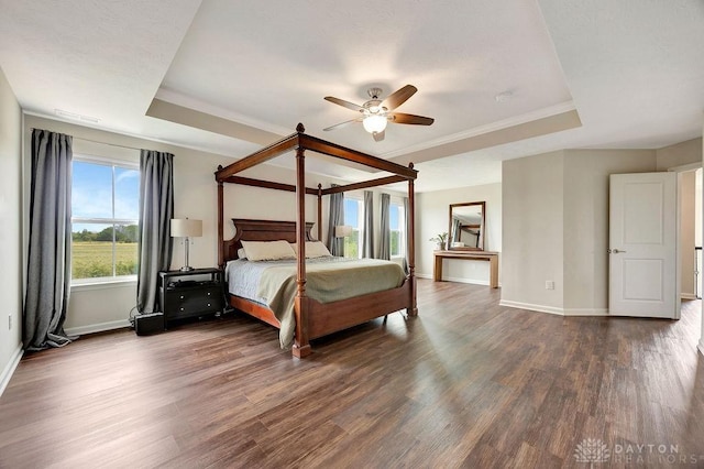 3732 Oak Creek Dr, Sugarcreek Township, OH 45440 - bedroom with a raised ceiling, dark wood finished floors, baseboards, and a ceiling fan