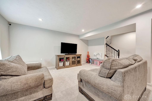 3732 Oak Creek Dr, Sugarcreek Township, OH 45440 - living room featuring light colored carpet, baseboards, recessed lighting, and stairway