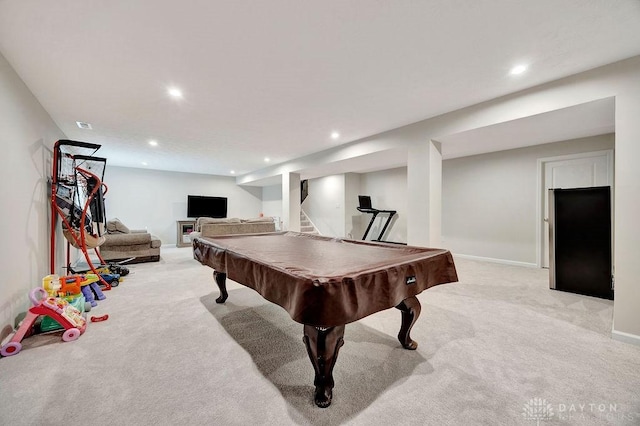 3732 Oak Creek Dr, Sugarcreek Township, OH 45440 - recreation room with light colored carpet, recessed lighting, pool table, and baseboards