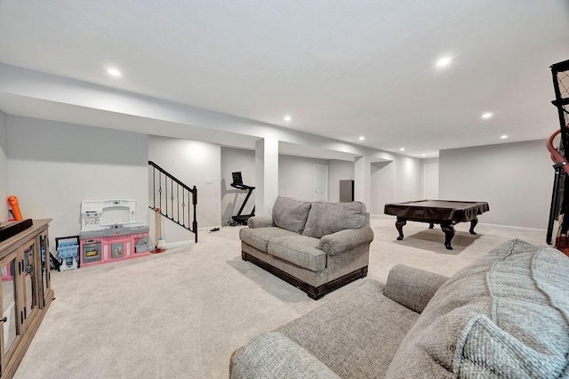 3732 Oak Creek Dr, Sugarcreek Township, OH 45440 - living room with light carpet, recessed lighting, billiards table, stairs, and baseboards