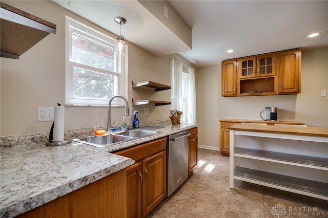 200 S Village, Washington Twp, OH 45459 - kitchen with open shelves, dishwasher, a sink, brown cabinetry, and recessed lighting