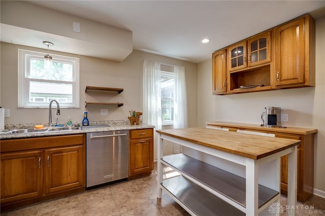 200 S Village, Washington Twp, OH 45459 - kitchen featuring dishwasher, a sink, open shelves, brown cabinets, and recessed lighting