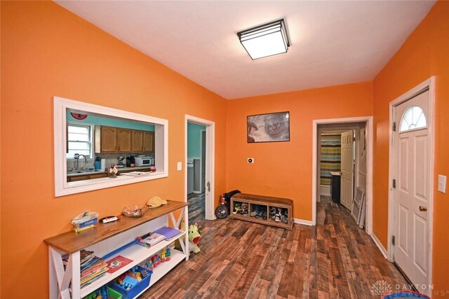 foyer entrance featuring dark wood-type flooring, healthy amount of natural light, and baseboards