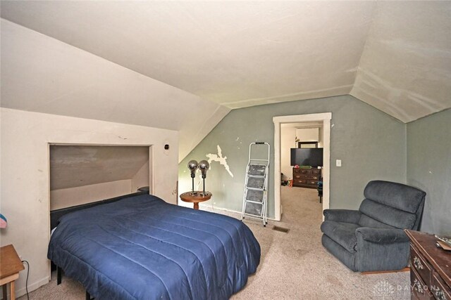 bedroom featuring carpet and vaulted ceiling