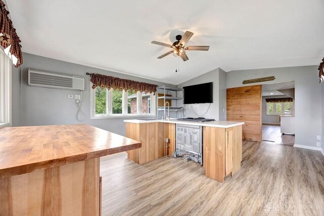 2774 N Law Rd, Oxford, OH 45056 - kitchen featuring a ceiling fan, light wood-style flooring, lofted ceiling, plenty of natural light, and wooden counters