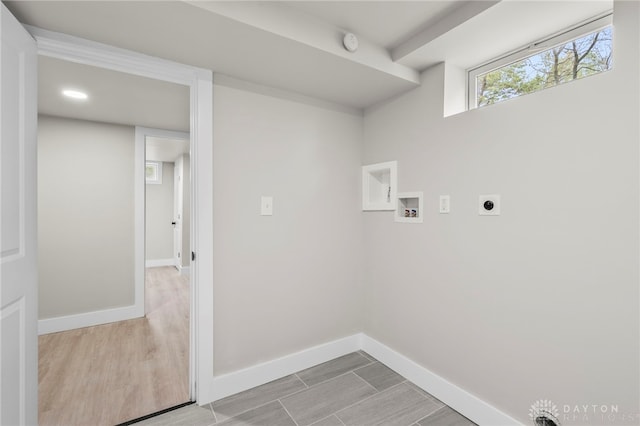 laundry area featuring hookup for an electric dryer, hookup for a washing machine, baseboards, light wood finished floors, and recessed lighting