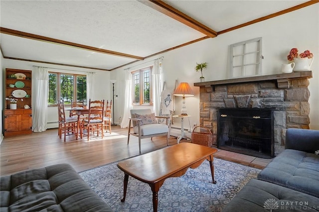 4207 Morningside Blvd, Dayton, OH 45432 - living room with crown molding, beam ceiling, wood finished floors, a baseboard heating unit, and a fireplace