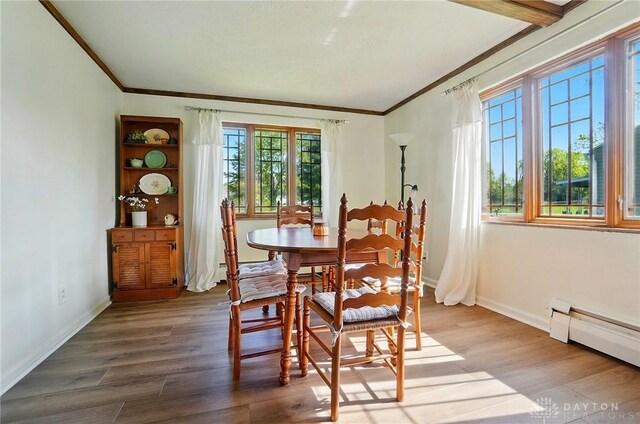 4207 Morningside Blvd, Dayton, OH 45432 - dining space with crown molding, a baseboard radiator, wood finished floors, and baseboards