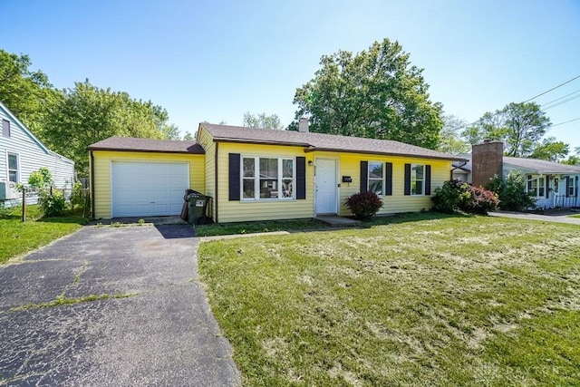 9738 Gibralter Dr, Colerain Township, OH 45251 - ranch-style house featuring driveway, a front lawn, an attached garage, and a chimney