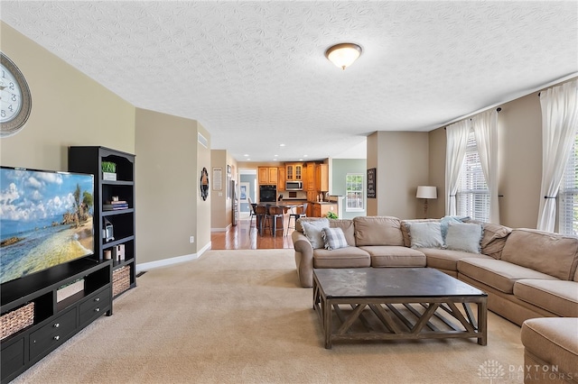 9378 Oak Brook Dr, Clearcreek Twp, OH 45458 - living room with light colored carpet, baseboards, and a textured ceiling